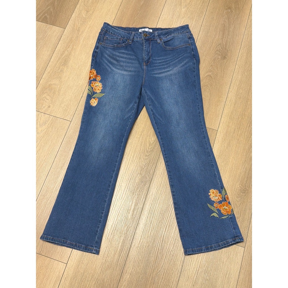 Royalty for Me Slim Bootcut Jeans Floral Embroidered Medium Wash Blue Size 12